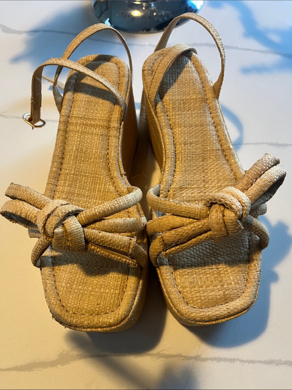 Neutral Beige Raffia platform sandals sling back bow ankle